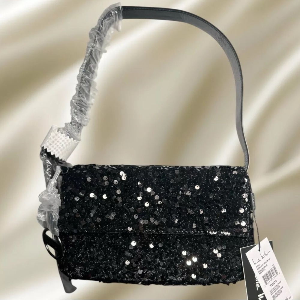 Nicole Miller Black Sequin Shiny Strap Shoulder Bag Purse Formal Dressy New NWT